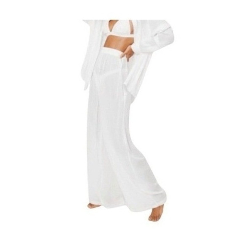Nasty Gal‎ Crinkle Wide Split Leg Pants Cover Up White Gauzy Knit Pull-On 6